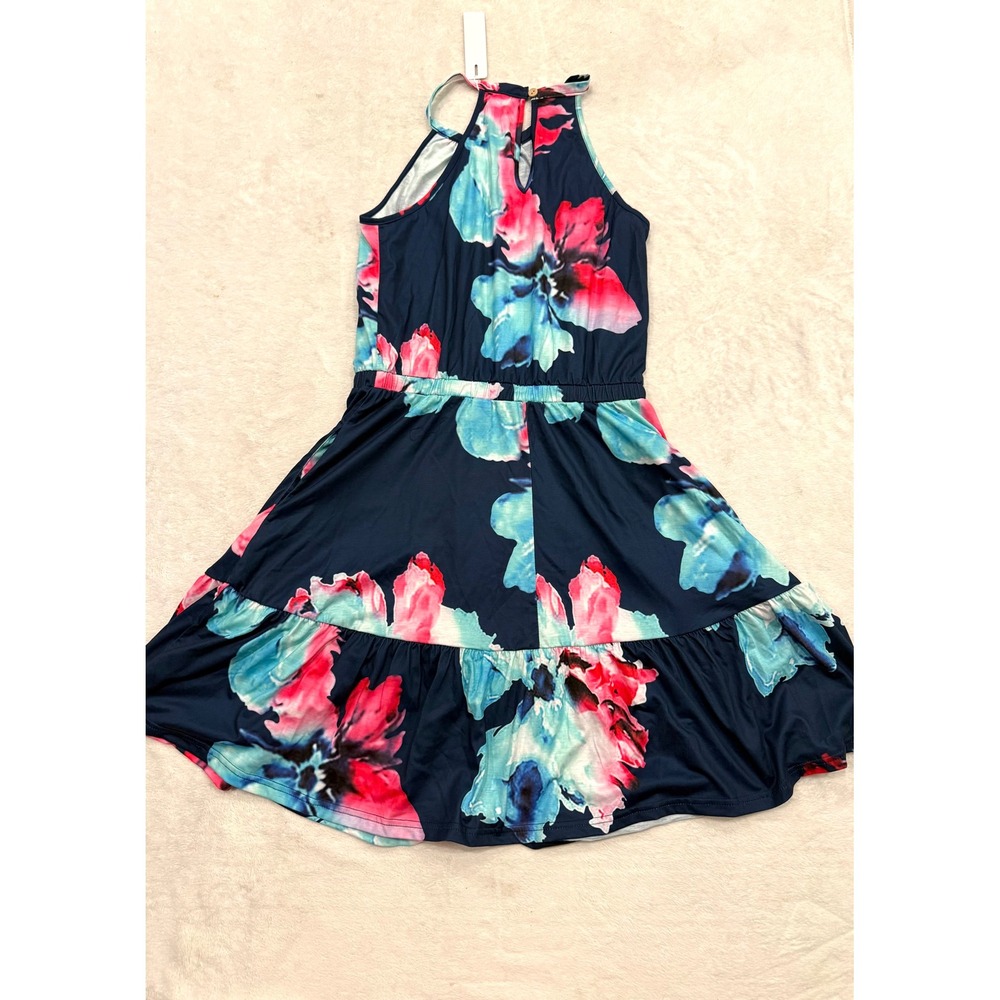 Newshows Womens Floral Halter Neck Mini Dress Blue Pink Stretchy Summer Size S - Picture 5 of 8